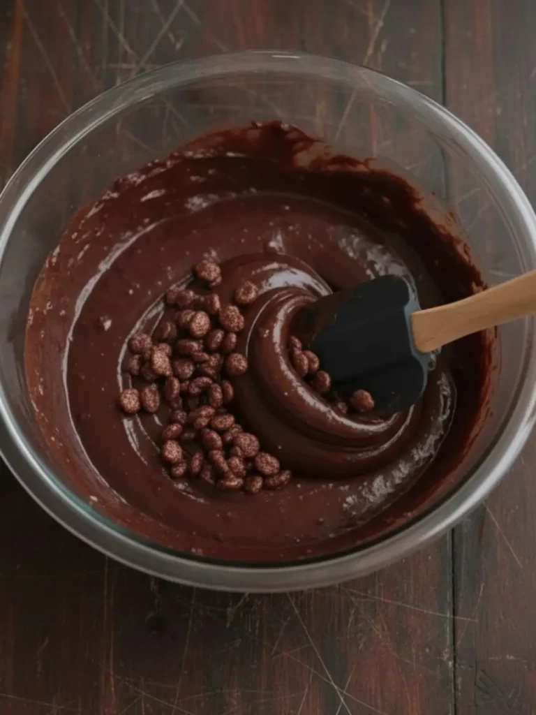 Crispy Brownies Chocolate crispy rice cereal folded into thick brownie batter using a spatula, creating texture for crispy brownies