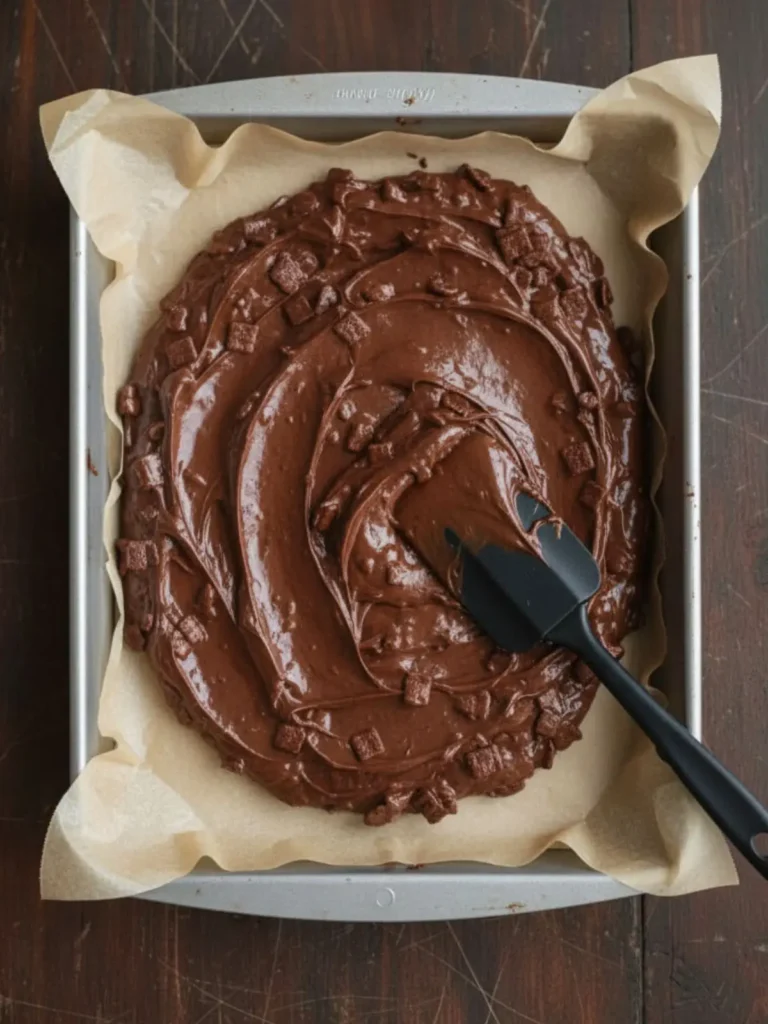 Crispy Brownies Thick crispy brownie batter transferred to parchment-lined baking sheet and being spread evenly with a spatula