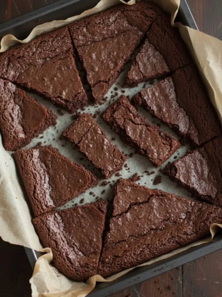Crispy Brownies Thin crispy brownies baked in a large pan with crackly surface, chocolate chips, and crunchy cereal pieces spread evenly across the sheet