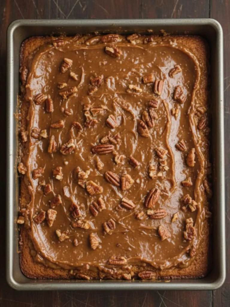 Do Nothing Cake Recipe Freshly baked Do Nothing Cake in baking pan topped with glossy coconut pecan glaze viewed from above