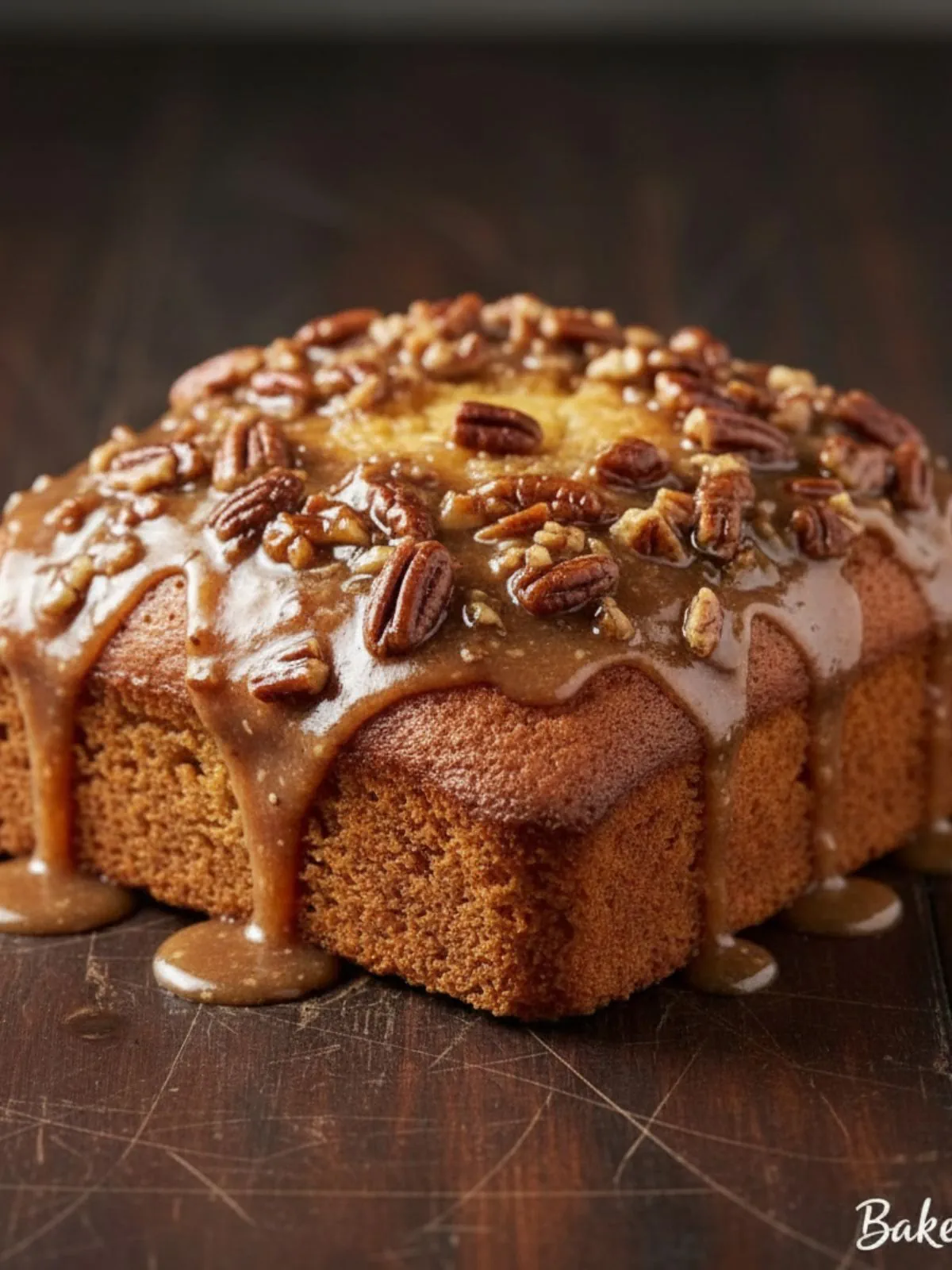 Macro close-up showing moist Do Nothing Cake surface with caramelized coconut pecan topping