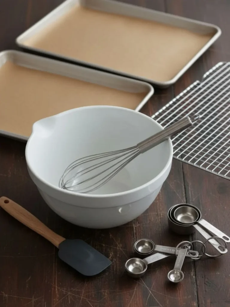 Double Chocolate Chip Cookies Essential baking tools for double chocolate chip cookies including mixing bowl, whisk, spatula, measuring cups, parchment-lined baking sheets, and cooling rack arranged neatly.