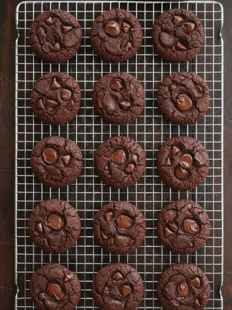 Double Chocolate Chip Cookies Freshly baked double chocolate chip cookies cooling on a wire rack with crackled chocolate tops and melted chocolate chips after baking in a home kitchen.