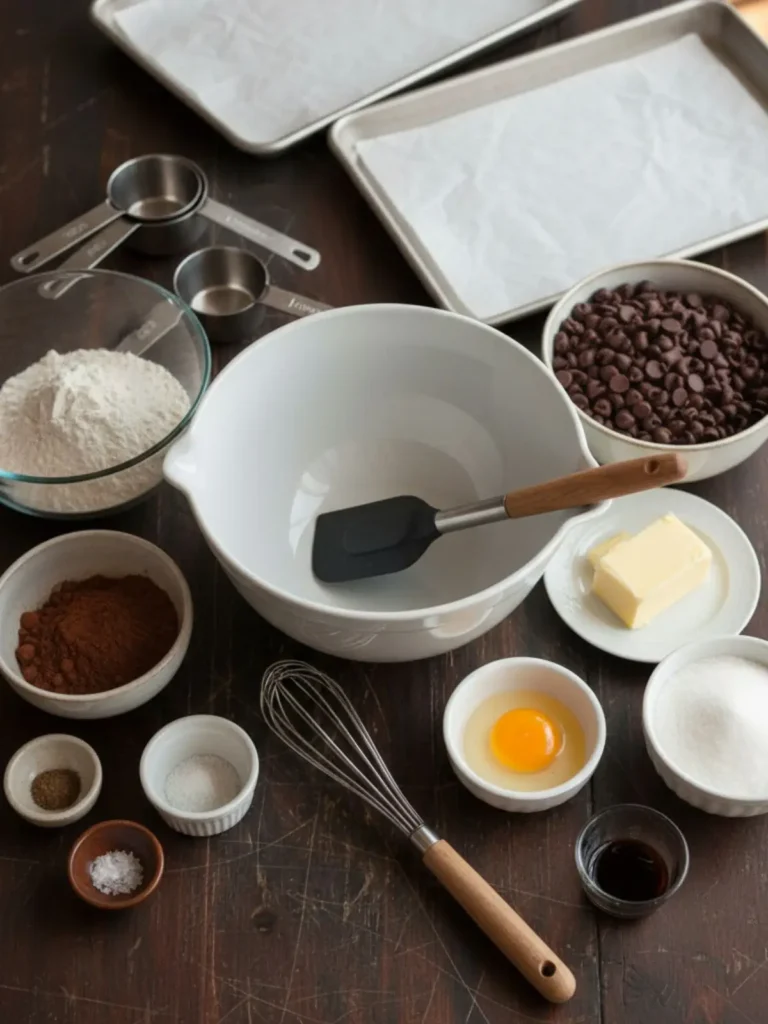Double Chocolate Chip Cookies Measured ingredients for double chocolate chip cookies including flour, cocoa powder, butter, sugars, egg, vanilla, cornstarch, baking soda, salt, and chocolate chips arranged for baking.