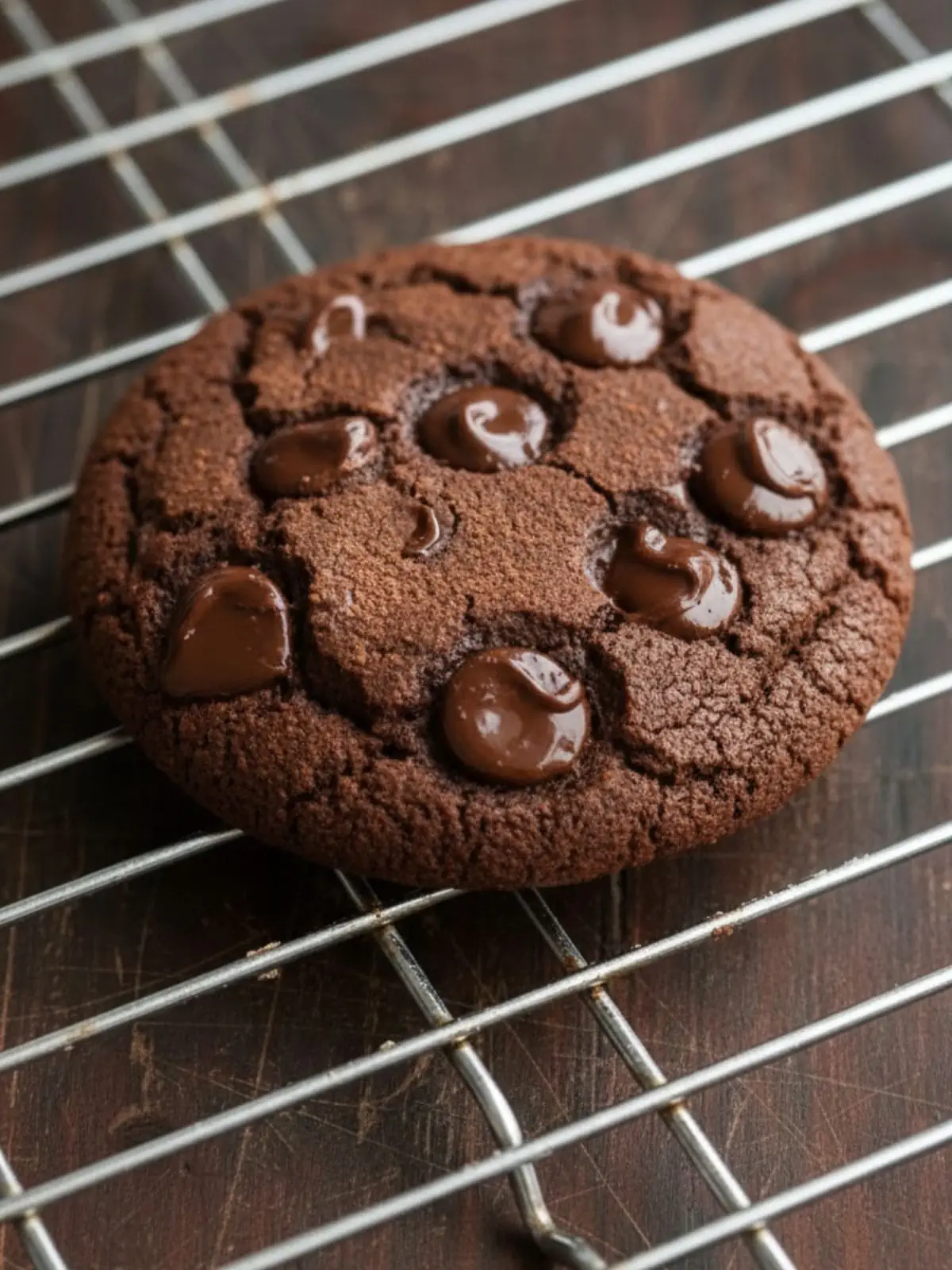 Macro close-up of a homemade double chocolate chip cookie showing rich chocolate dough texture and melted milk chocolate chips on the surface.