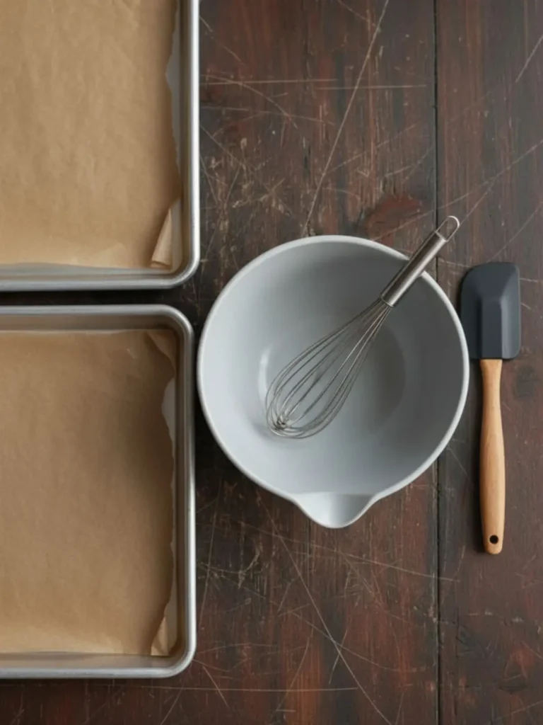 Double Chocolate Chip Cookies Baking setup for double chocolate chip cookies with parchment-lined baking sheets, mixing bowl, whisk, spatula, and measuring tools arranged for preparation.