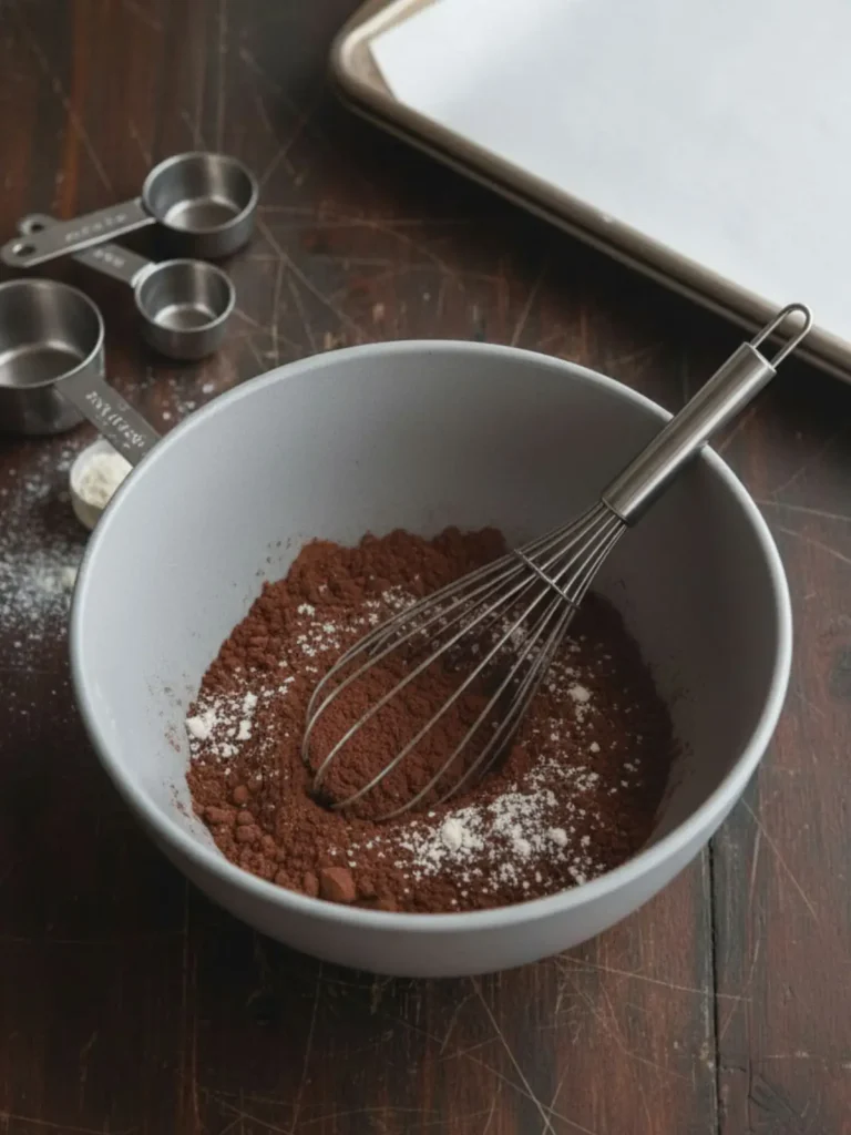 Double Chocolate Chip Cookies Dry ingredients for double chocolate chip cookies including flour, cocoa powder, cornstarch, baking soda, and salt whisked together in a mixing bowl.