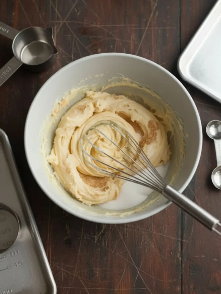 Double Chocolate Chip Cookies Butter, brown sugar, and granulated sugar being creamed in a mixing bowl to create the base mixture for double chocolate chip cookie dough.