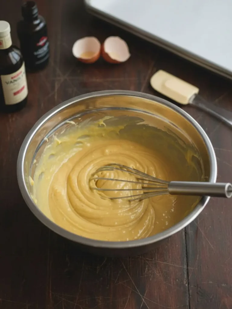 Double Chocolate Chip Cookies Egg and vanilla extract mixed into the creamed butter and sugar mixture forming a smooth base for homemade double chocolate chip cookies.