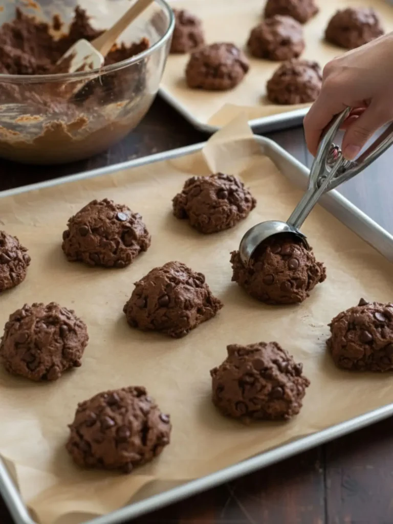 Double Chocolate Chip Cookies Large scoops of double chocolate chip cookie dough placed onto parchment-lined baking sheets before baking.