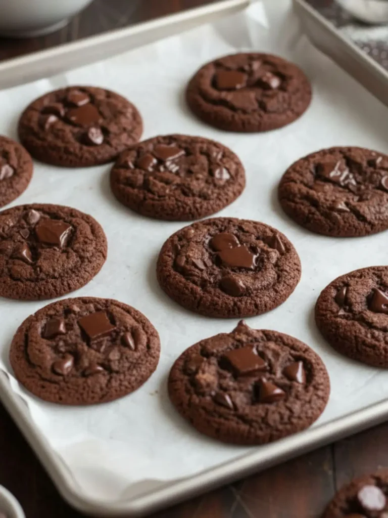 Double Chocolate Chip Cookies Double chocolate chip cookies baking on a parchment-lined baking sheet with soft centers and crackled chocolate surfaces forming.
