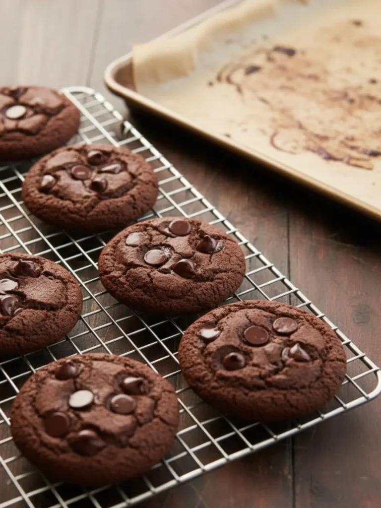 Double Chocolate Chip Cookies Freshly baked double chocolate chip cookies cooling on a wire rack with melted chocolate chips and soft fudgy centers after baking.