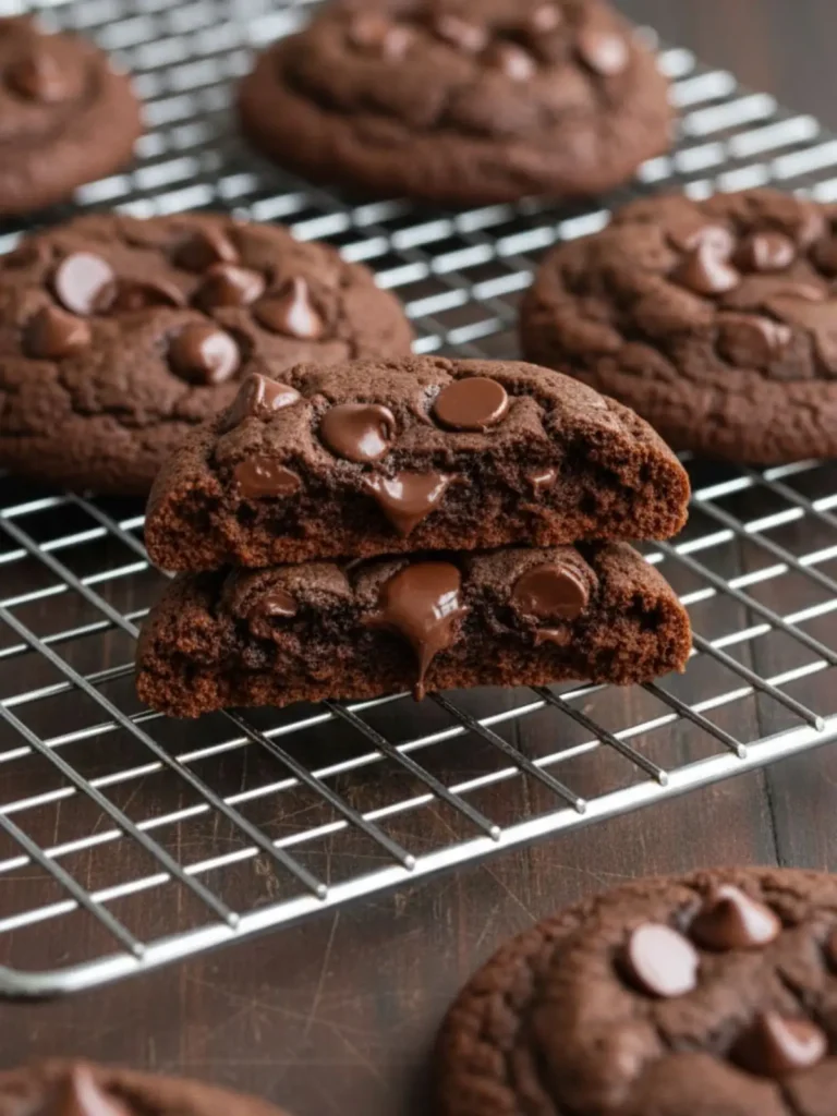 Double Chocolate Chip Cookies Double chocolate chip cookie broken open to reveal a fudgy soft interior filled with melted chocolate chips and rich cocoa cookie crumb.