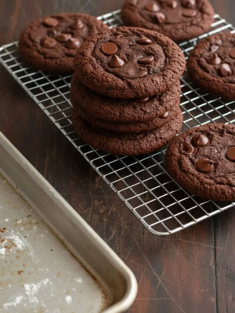 Double Chocolate Chip Cookies Close-up of stacked double chocolate chip cookies highlighting crackled cocoa surface, soft centers, and glossy melted chocolate chips.