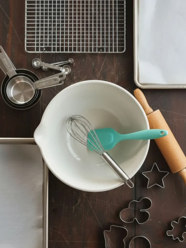 Easy Sugar Cookies Recipe Baking tools used for easy sugar cookies including mixing bowl, whisk, spatula, rolling pin, cookie cutters, parchment lined baking sheets, measuring cups, and cooling rack.
