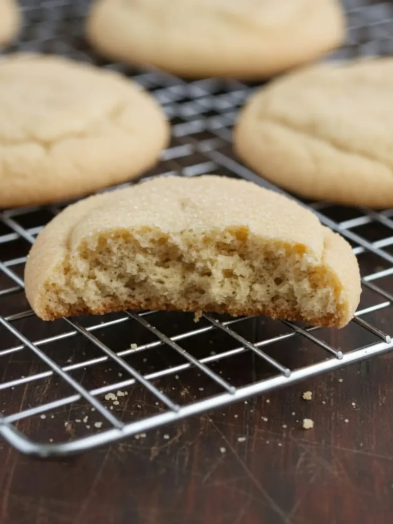Easy Sugar Cookies Recipe Easy sugar cookies with one cookie broken open revealing the soft tender crumb inside and lightly crisp edges from homemade baking.