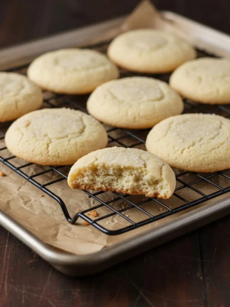 Easy Sugar Cookies Recipe Close-up view of easy sugar cookies stacked on a cooling rack highlighting the smooth cookie surface, delicate crumb, and buttery homemade texture.