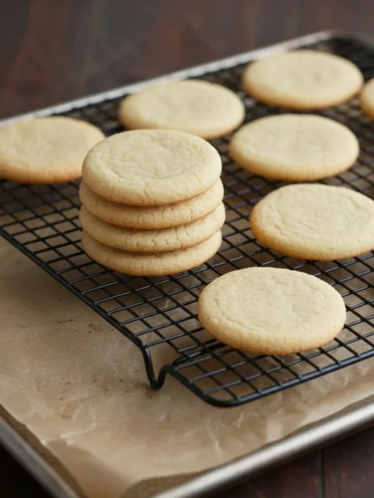 Easy Sugar Cookies Recipe Freshly baked easy sugar cookies cooling on a wire rack with lightly golden edges and soft centers, showing classic homemade sugar cookie texture.