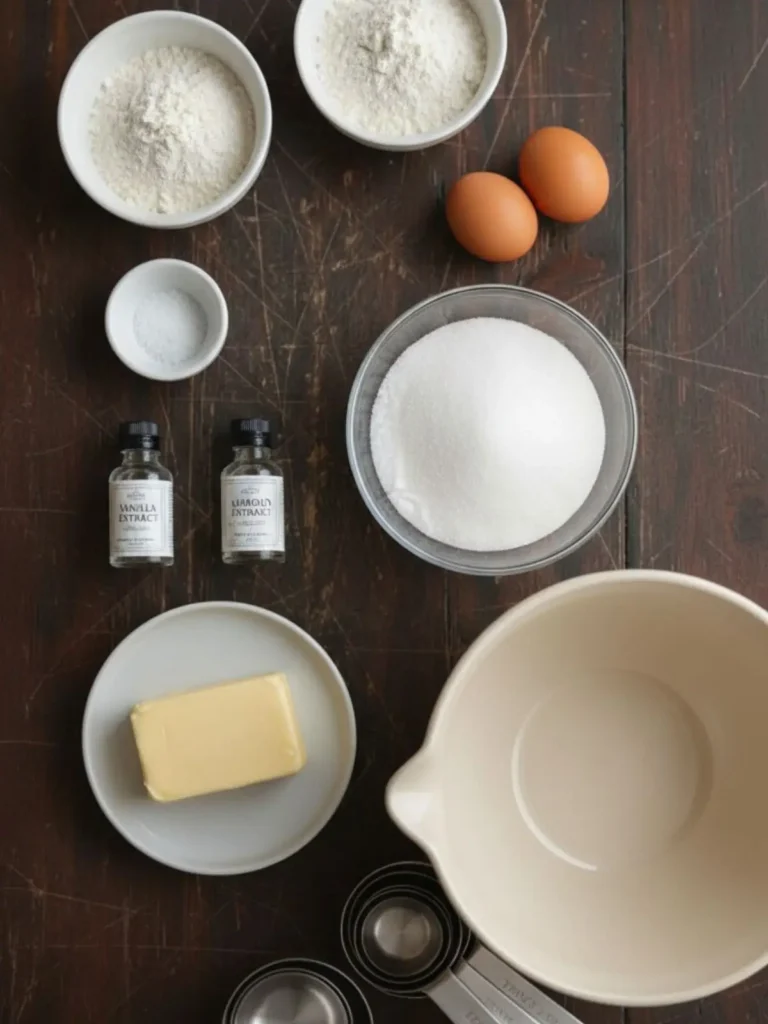 Easy Sugar Cookies Recipe Measured ingredients for easy sugar cookies arranged on a baking surface including flour, butter, sugar, eggs, vanilla, almond extract, baking powder, and salt ready for mixing.