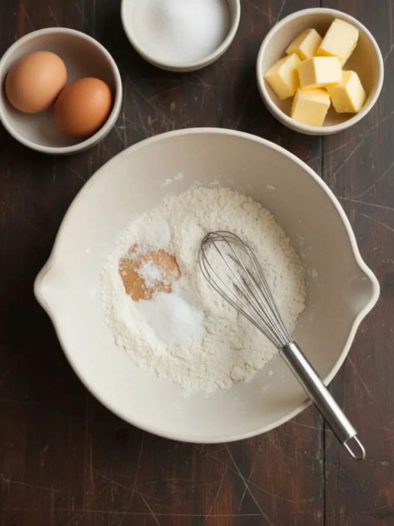 Easy Sugar Cookies Recipe Flour, baking powder, and salt combined in a mixing bowl using a whisk to prepare the dry ingredients for easy sugar cookies.