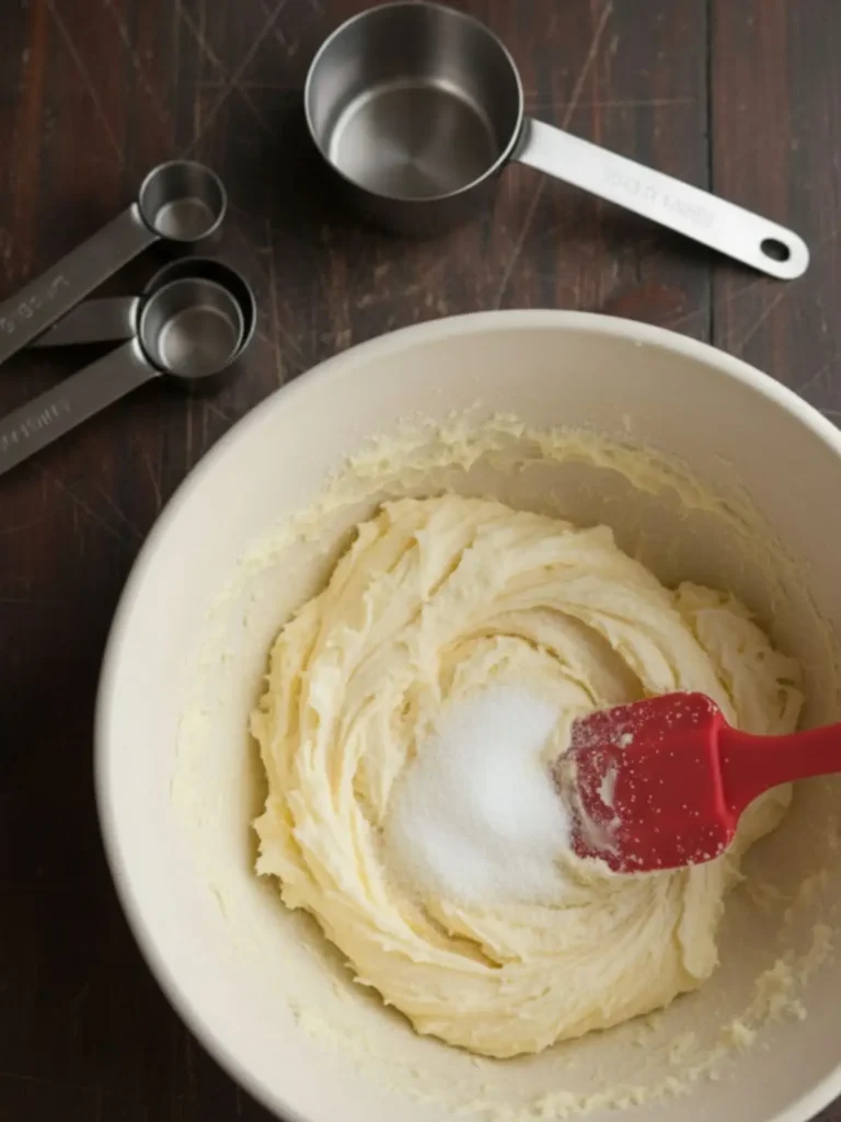 Easy Sugar Cookies Recipe Softened butter and granulated sugar creamed together in a mixing bowl forming a pale fluffy mixture for easy sugar cookie dough.