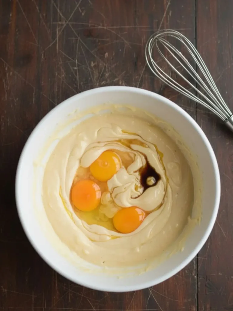 Easy Sugar Cookies Recipe Eggs, vanilla extract, and almond extract being mixed into the butter and sugar mixture creating a smooth wet base for easy sugar cookies.