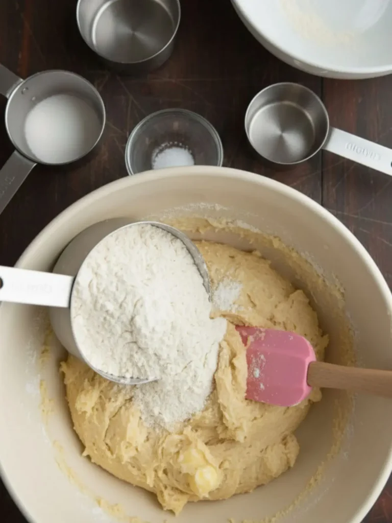Easy Sugar Cookies Recipe Flour mixture folded into the wet ingredients forming a thick soft cookie dough inside the mixing bowl for homemade easy sugar cookies.