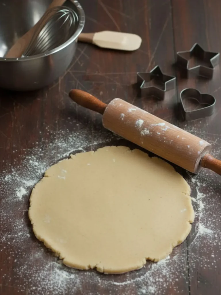 Easy Sugar Cookies Recipe Chilled sugar cookie dough rolled to even thickness with a rolling pin on a lightly floured surface preparing dough for cut out cookies.