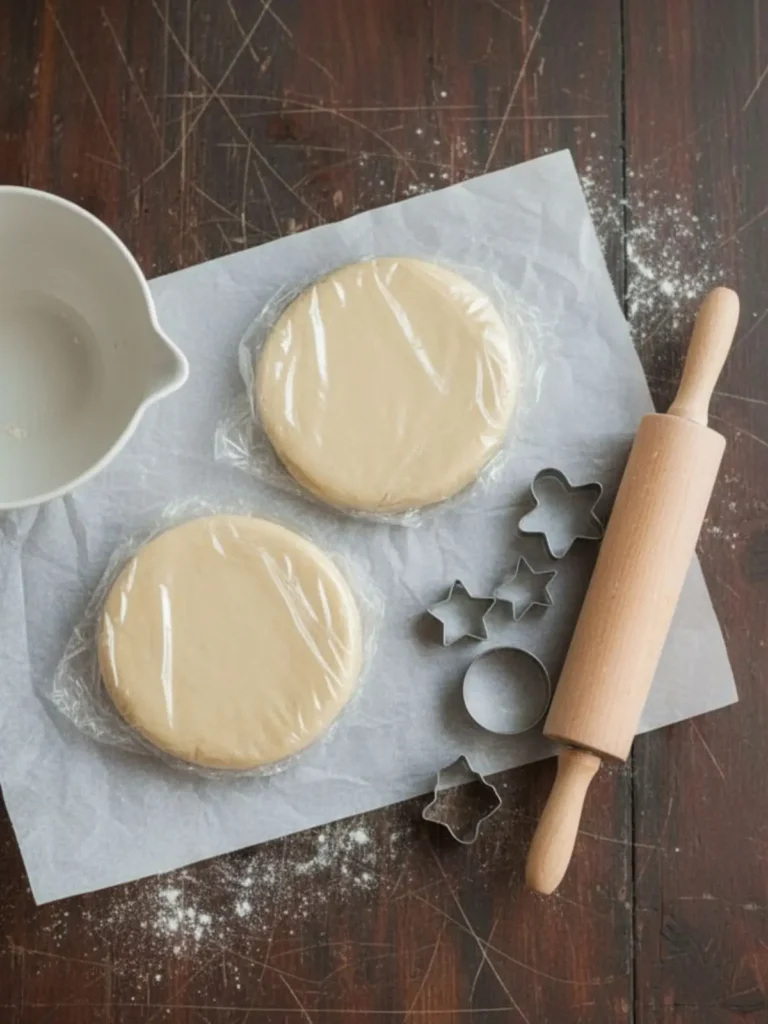 Easy Sugar Cookies Recipe Two smooth disks of easy sugar cookie dough wrapped and prepared for chilling before rolling and cutting cookie shapes.