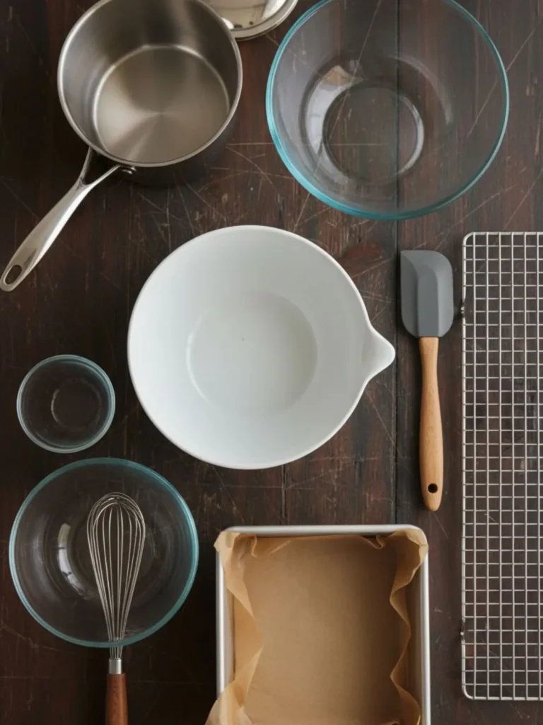 Espresso Brownies (Coffee Flavor) Recipe Clean baking equipment laid out to make homemade espresso brownies, featuring a metal baking pan, glass mixing bowls, a wire whisk, and a silicone spatula.