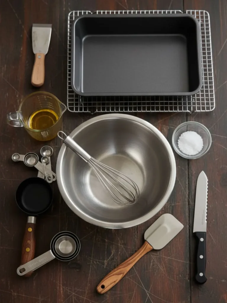 Focaccia Bread Recipe Baking tools for homemade focaccia bread arranged neatly, including a stainless steel mixing bowl, 9 x 13-inch pan, whisk, spatula, measuring tools, and cooling rack.