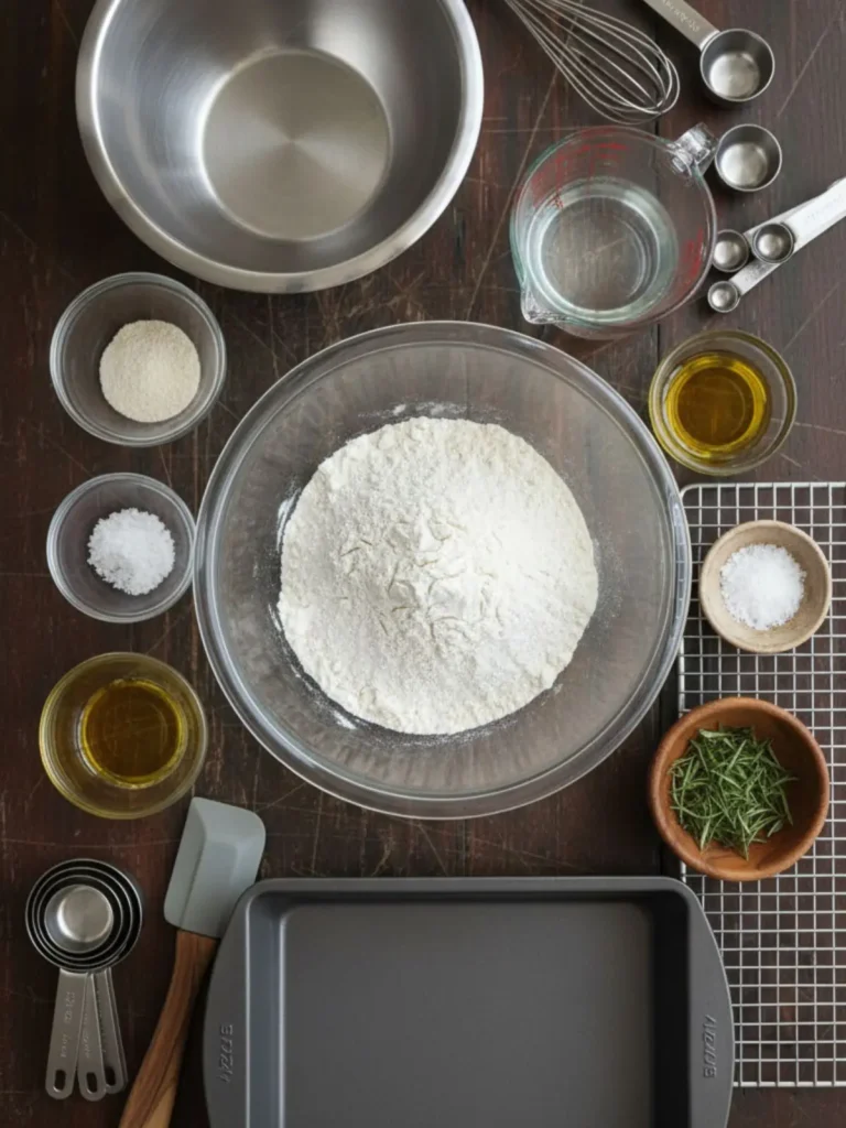 Focaccia Bread Recipe Measured ingredients for a focaccia bread recipe, including flour, yeast, salt, lukewarm water, olive oil, flaky sea salt, and rosemary before mixing.