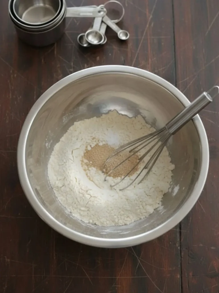 Focaccia Bread Recipe Step 1 of the focaccia bread recipe showing flour, instant yeast, and kosher salt whisked together in a stainless steel mixing bowl.