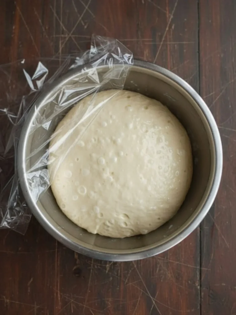 Focaccia Bread Recipe Step 3 of an easy focaccia bread recipe showing the freshly mixed high-hydration dough coated with olive oil for the overnight refrigerator rise.