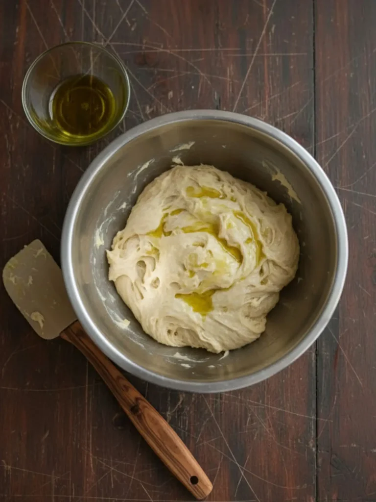 Focaccia Bread Recipe Step 4 of overnight focaccia showing the dough after cold proofing, visibly expanded with bubbles and a glossy surface in the same mixing bowl.