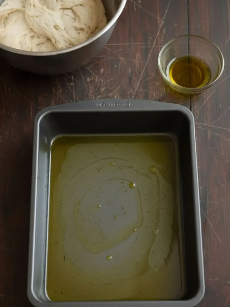 Focaccia Bread Recipe Step 5 of the focaccia bread recipe with a generously oiled 9 x 13-inch metal baking pan prepared for transferring the risen dough.