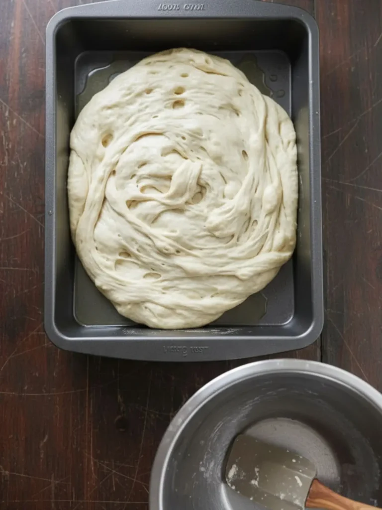 Focaccia Bread Recipe Step 6 of homemade focaccia bread showing the proofed dough transferred into the oiled pan, loose and airy with bubbles preserved.