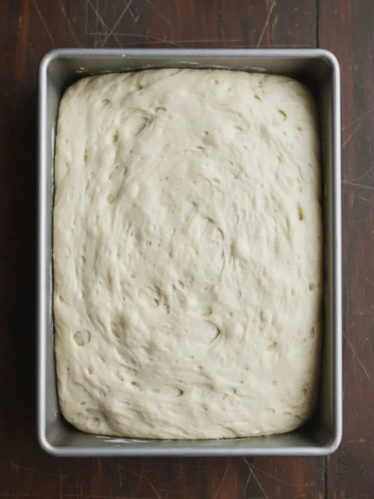 Focaccia Bread Recipe Step 7 of an easy focaccia bread recipe with the dough turned in oil and gently nudged into a rough rectangle inside the baking pan.
