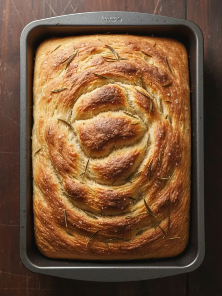 Focaccia Bread Recipe Step 8 of overnight focaccia showing the dough after the second rise, puffed and bubbly as it expands to nearly fill the pan.