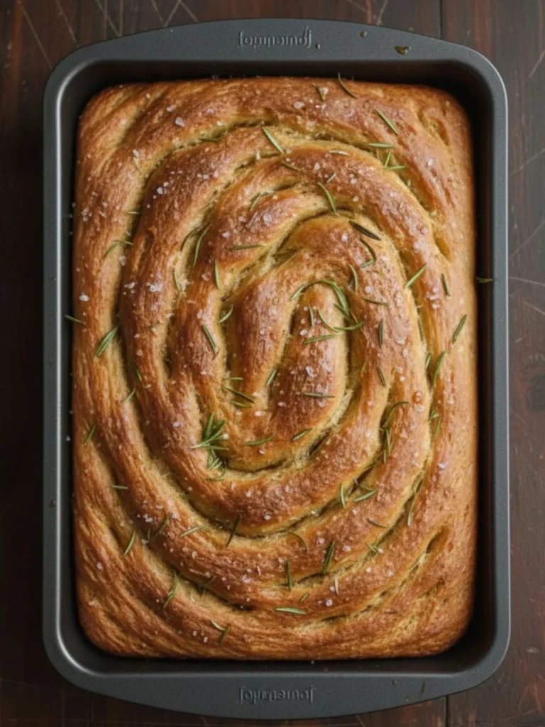 Focaccia Bread Recipe Single plated slice from a focaccia bread recipe with a soft airy crumb, golden crust, olive oil dimples, flaky sea salt, and rosemary.