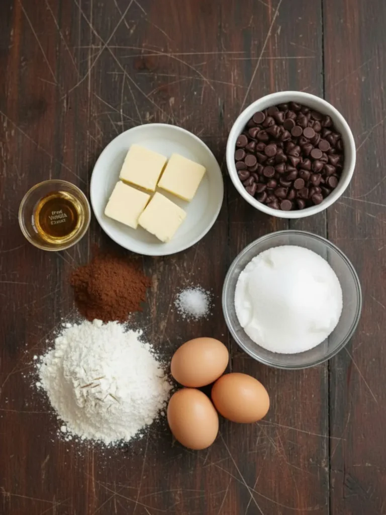 Espresso Brownies (Coffee Flavor) Recipe Top-down view of raw baking ingredients for fudgy espresso brownies, including semi-sweet chocolate chips, dark cocoa, espresso powder, eggs, and butter.