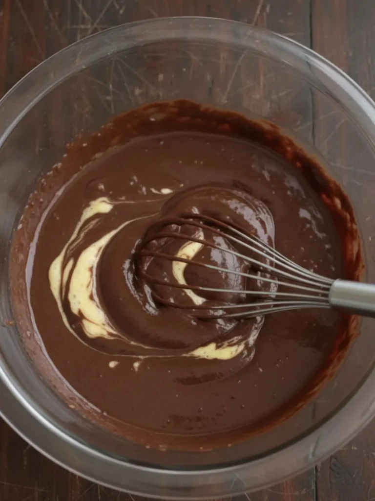 Espresso Brownies (Coffee Flavor) Recipe The pale, whipped egg foam being gently whisked together with the melted chocolate mixture to create a thick, homogeneous, dark brown wet brownie batter.