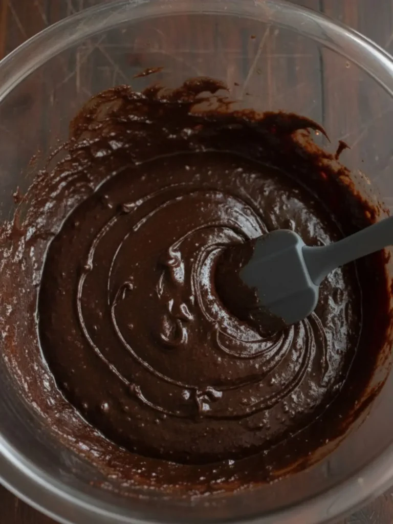 Espresso Brownies (Coffee Flavor) Recipe A dark grey silicone spatula folding the dry ingredients into the wet mixture, creating an incredibly thick and heavy dark chocolate coffee brownie batter.
