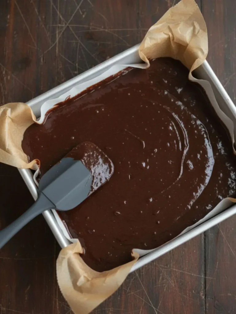Espresso Brownies (Coffee Flavor) Recipe The thick, glossy espresso brownie batter spread evenly into a parchment-lined square metal baking pan, smoothed out to the corners with a rubber spatula.