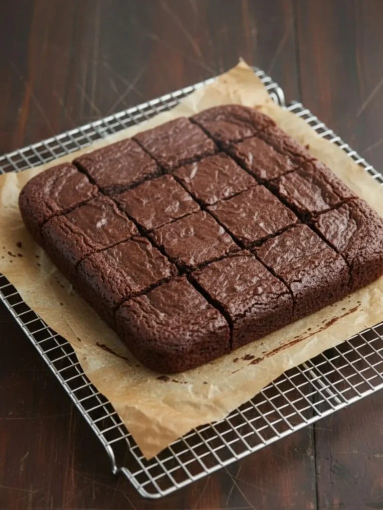 Espresso Brownies (Coffee Flavor) Recipe Freshly baked fudgy espresso brownies resting in a square metal baking pan, showcasing perfectly set edges and a shiny, crinkly top crust.