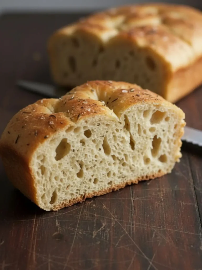 Focaccia Bread Recipe Sliced homemade focaccia bread revealing an airy interior crumb with irregular holes, a moist center, and a crisp golden bottom crust.