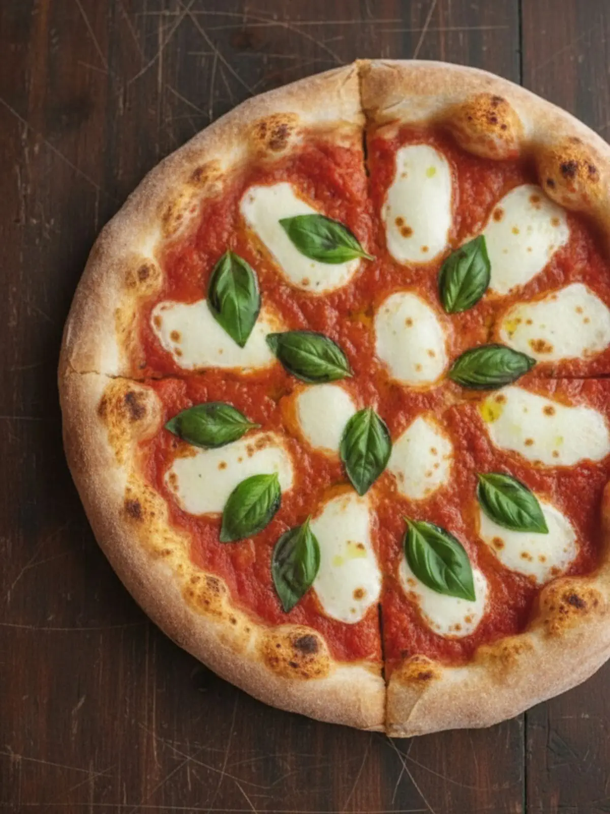 A top-down view of a golden-brown baked homemade pizza dough with fresh mozzarella, tomato sauce, and basil, showing the perfect balance of crispy edges and chewy center.