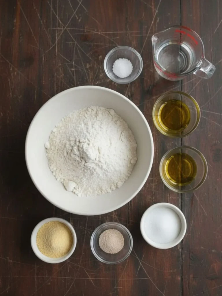 Homemade Pizza Dough Recipe A top-down view showing all the ingredients for homemade pizza dough, including flour, active dry yeast, sugar, warm water, olive oil, salt, and cornmeal, arranged neatly on a clean countertop for preparation.