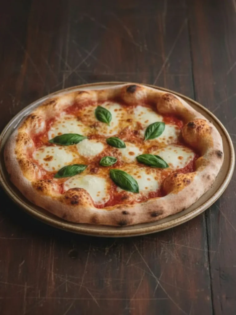 Homemade Pizza Dough Recipe A side view of a full homemade pizza on a plate, topped with fresh mozzarella and basil, with a perfectly baked crust and inviting, crispy edges.