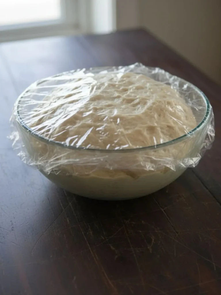 Homemade Pizza Dough Recipe The dough placed in a greased bowl, covered with a kitchen towel, rising to double its size after 90 minutes, ready for the next step in the pizza-making process.